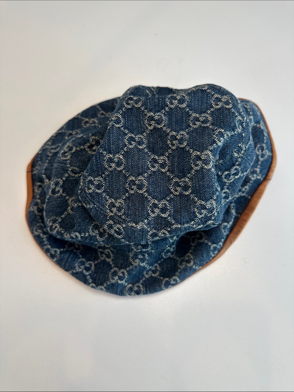 Gucci Denim GG Monogram Bucket Hat with Brown Trim